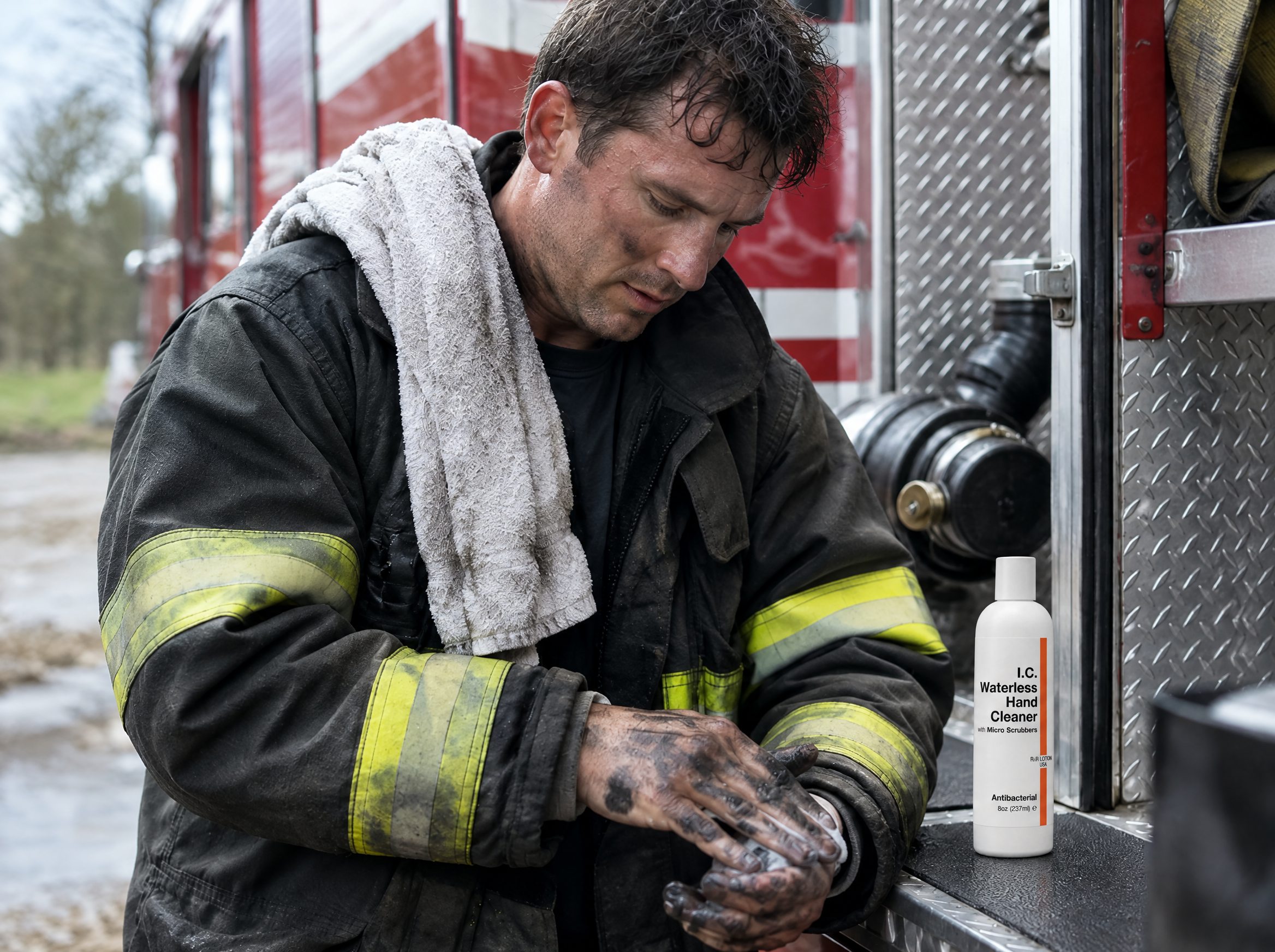 First Responders worker using R&R Lotion skin care (Tailgate wash-up)