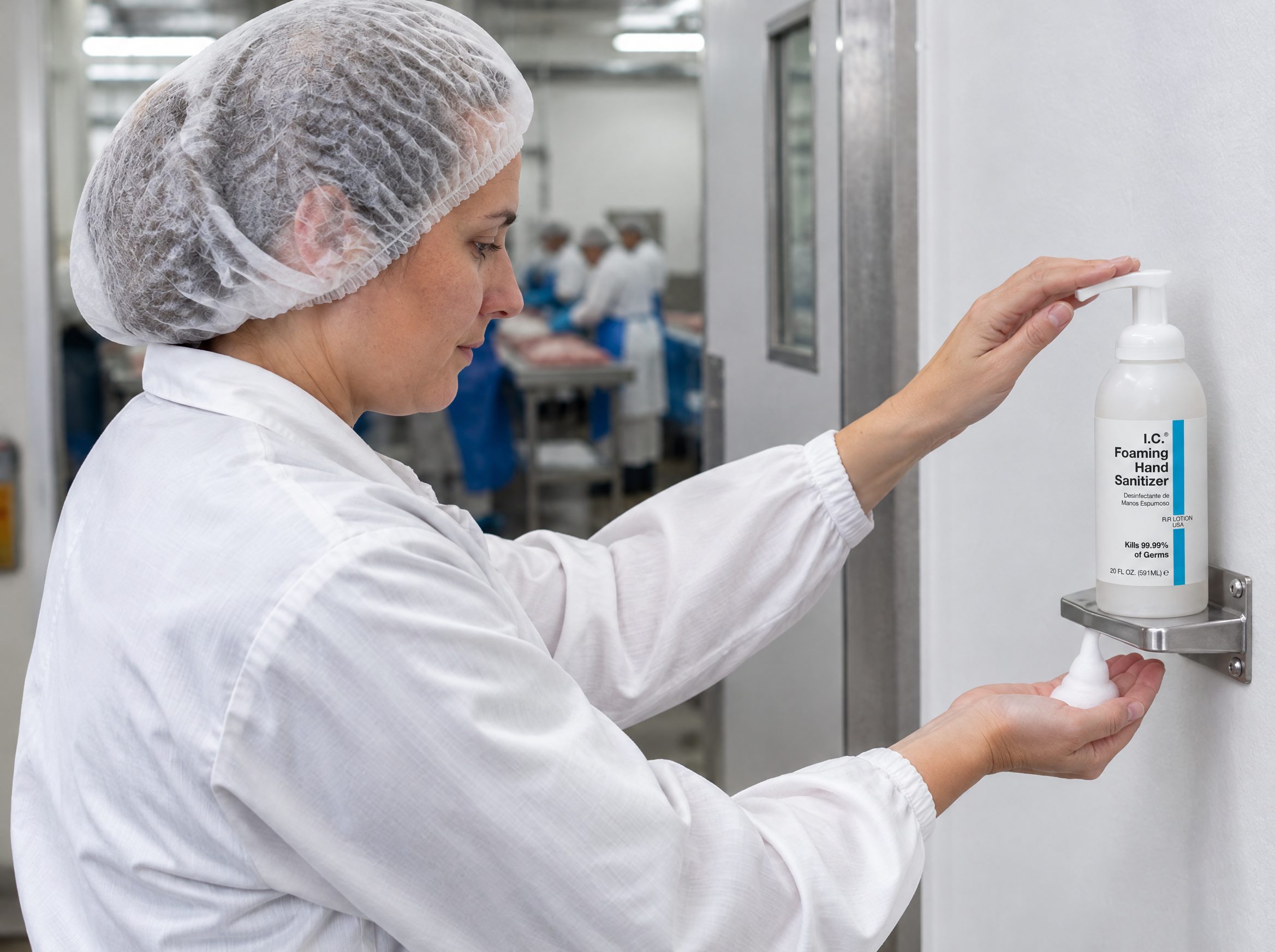 Food Processing worker using R&R Lotion skin care (Sanitizer station)