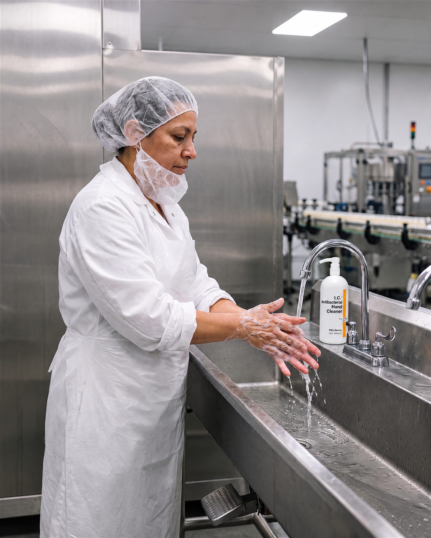 Food Processing worker using R&R Lotion skin care (Sink station)