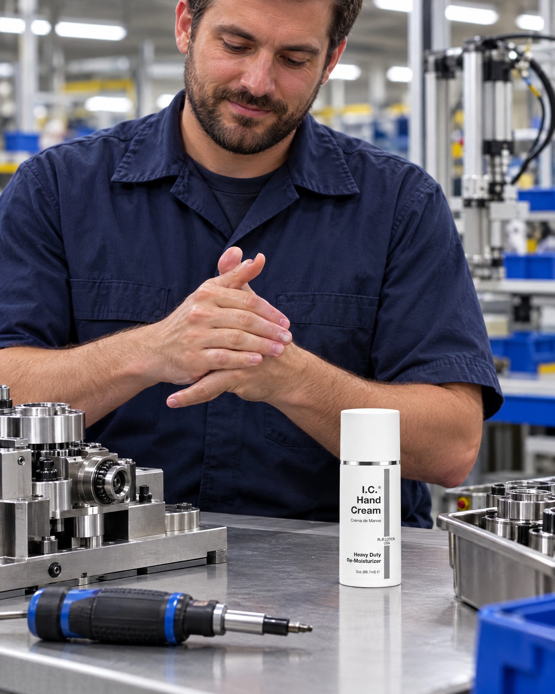 General Manufacturing worker using R&R Lotion skin care (Assembly & test)