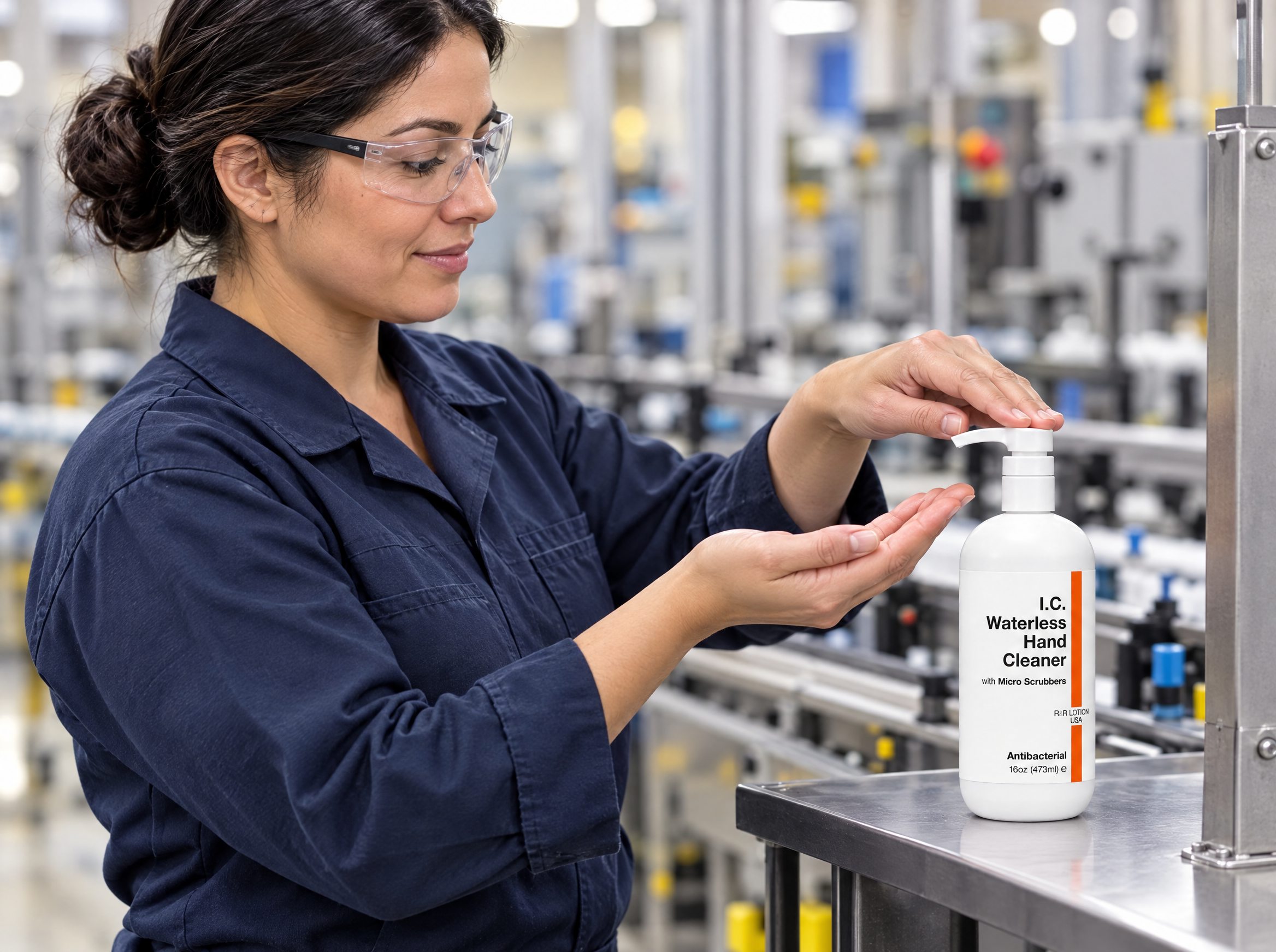 General Manufacturing worker using R&R Lotion skin care (Every station)