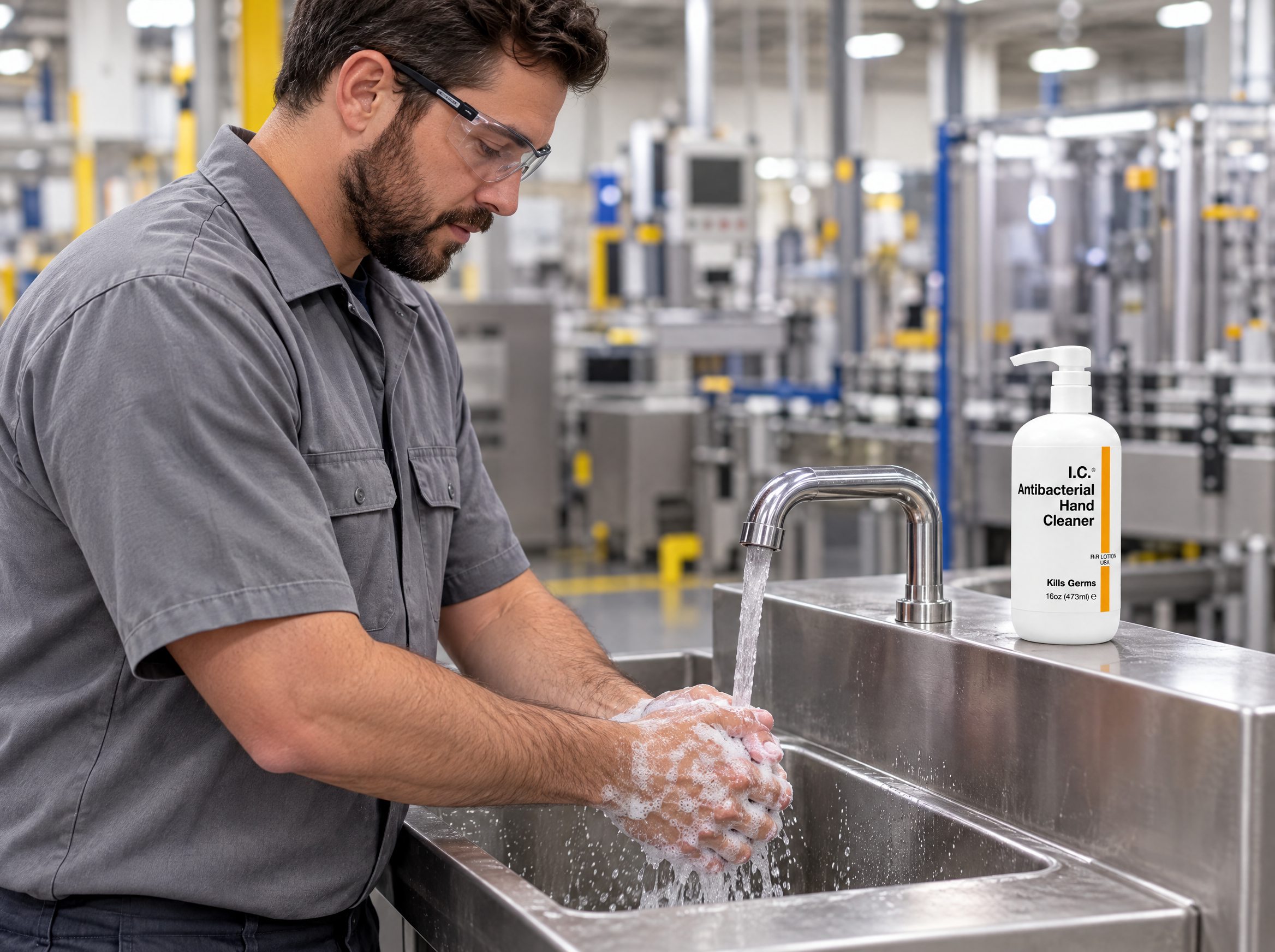 General Manufacturing worker using R&R Lotion skin care (Wash station)