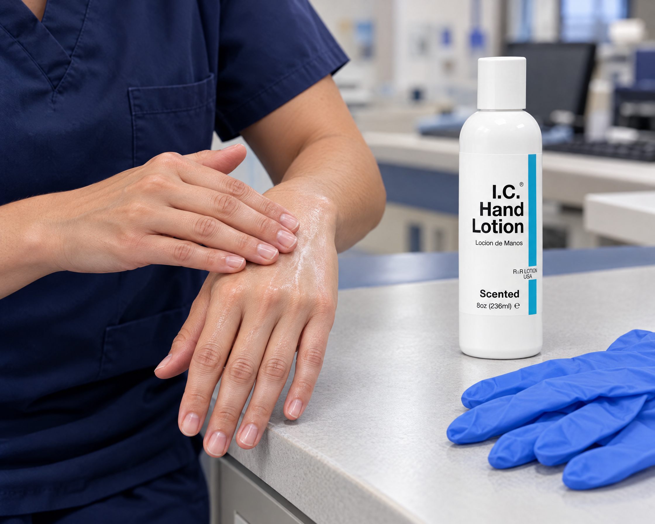 Hands with I.C. Hand Lotion beside a pair of blue exam gloves
