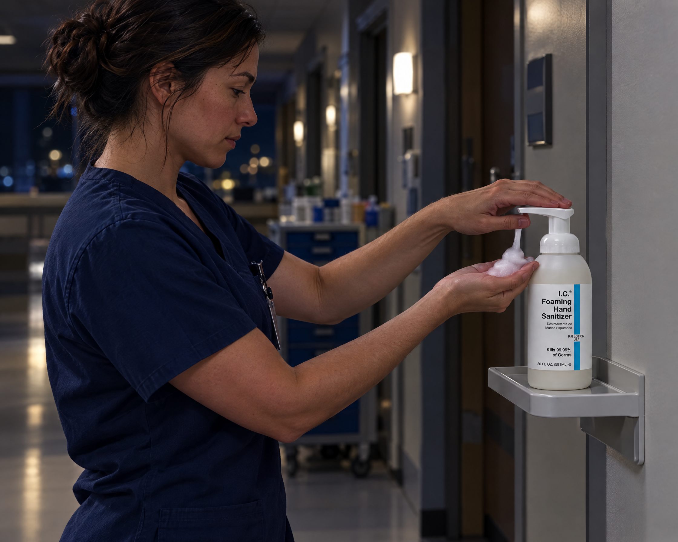 Nurse using a wall-mounted I.C. Foaming Hand Sanitizer pump in a hospital hallway
