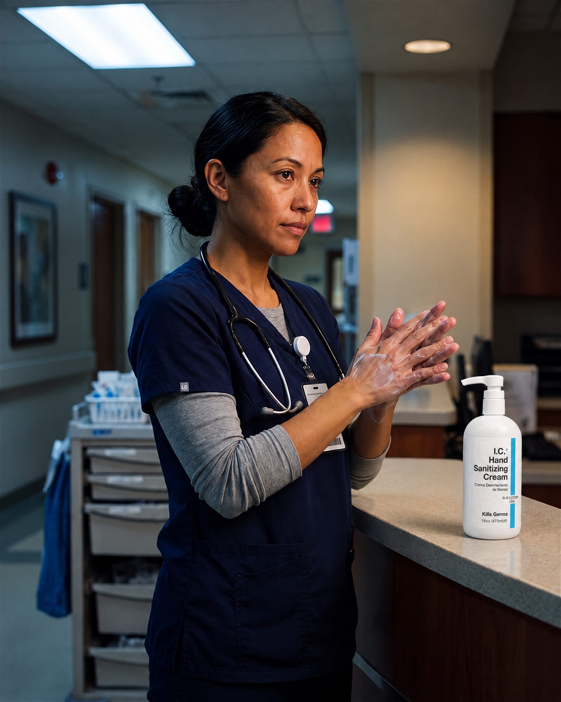 Nurse working I.C. Hand Sanitizing Cream into her hands