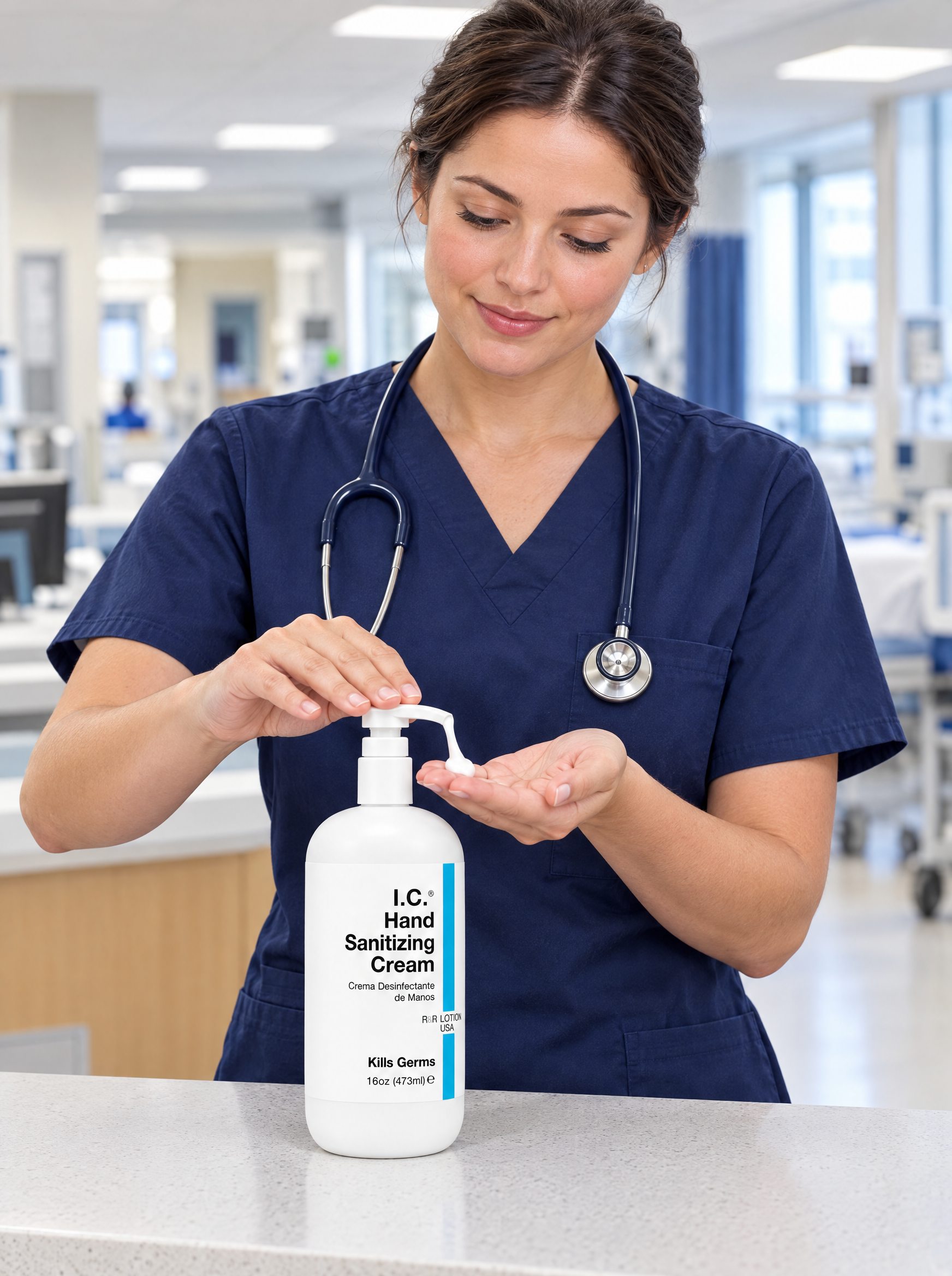 Healthcare worker with I.C. hand care product