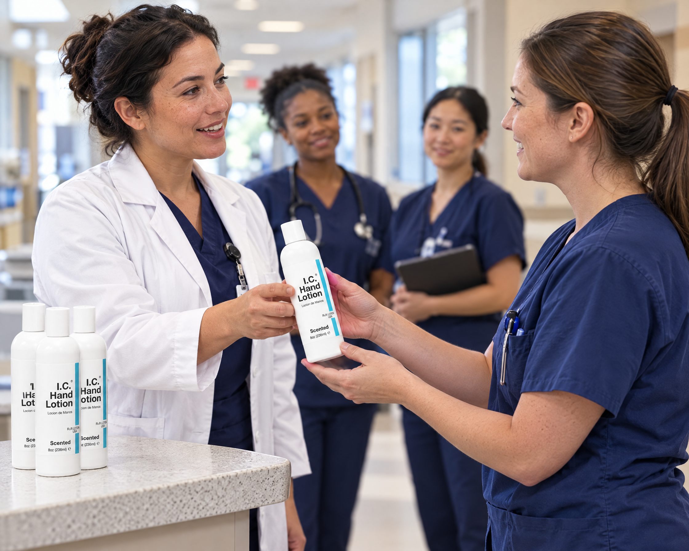 Unit lead handing I.C. Hand Lotion bottles to nurses at the start-of-shift huddle