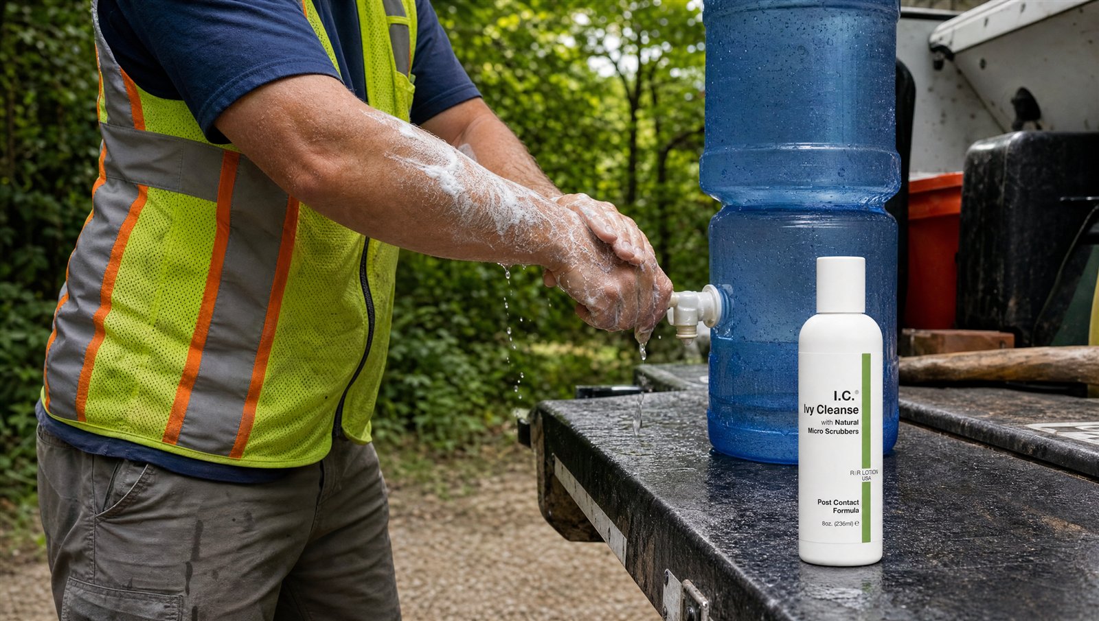 Utility worker washing hands and forearms with I.C. Ivy Cleanse at a truck water jug