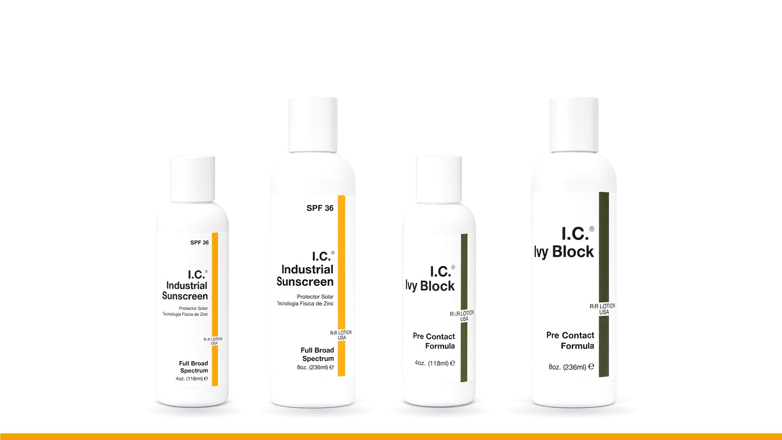 I.C. Industrial Sunscreen SPF 36 and I.C. Ivy Block in 4 oz and 8 oz bottles
