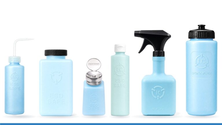 I.C. ESD-safe blue bottles: wash bottle, square bottle, solvent dispenser, lotion, antistat spray and sports bottle
