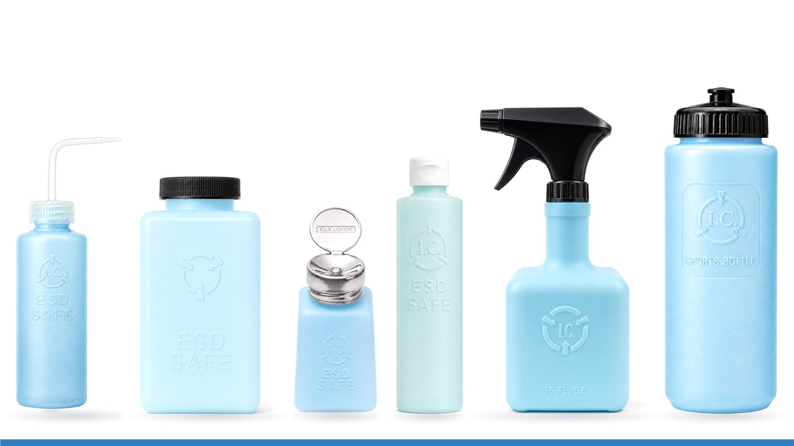 I.C. ESD-safe blue bottles: wash bottle, square bottle, solvent dispenser, lotion, antistat spray and sports bottle