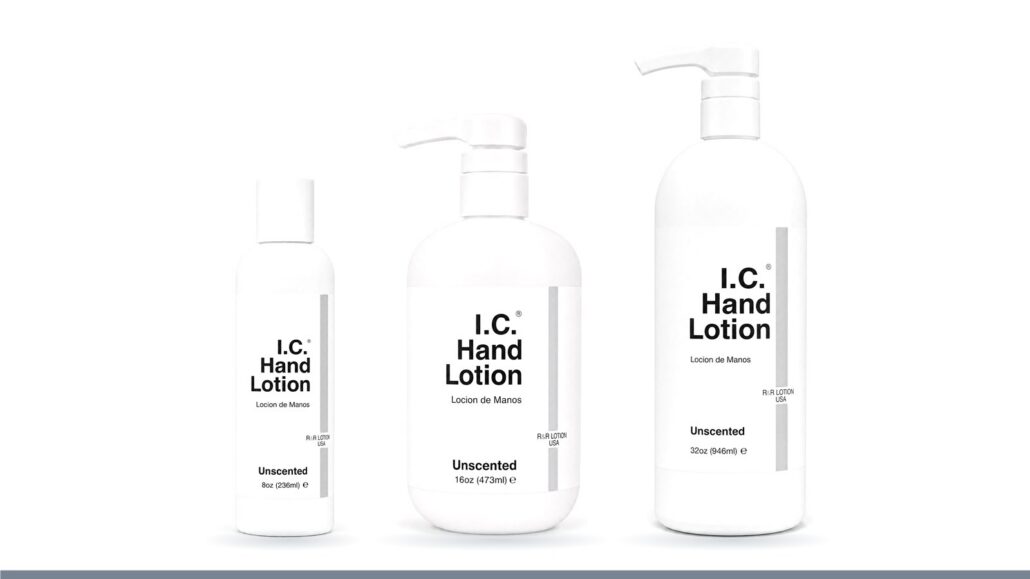 I.C. Hand Lotion fragrance free cleanroom formula in 8, 16 and 32 oz bottles