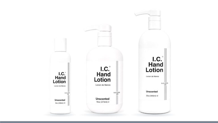 I.C. Hand Lotion fragrance free cleanroom formula in 8, 16 and 32 oz bottles
