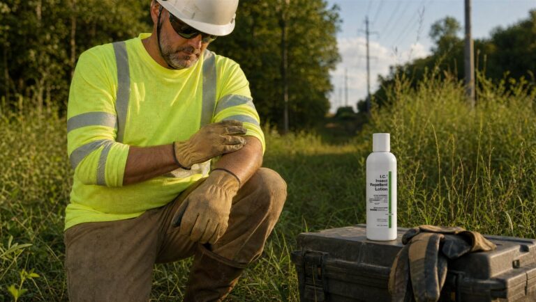 Utility crew member applying I.C. Insect Repellent Lotion in tall grass