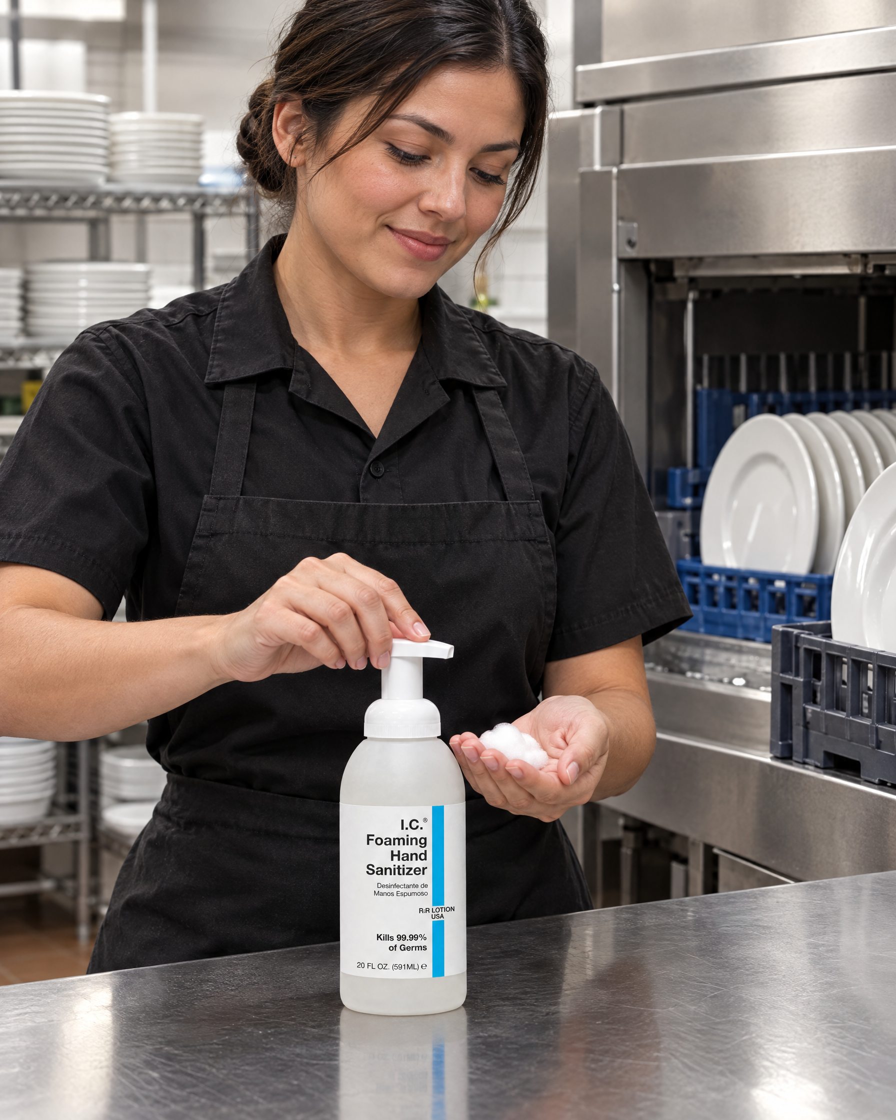Hospitality worker using R&R Lotion skin care (Back of house)