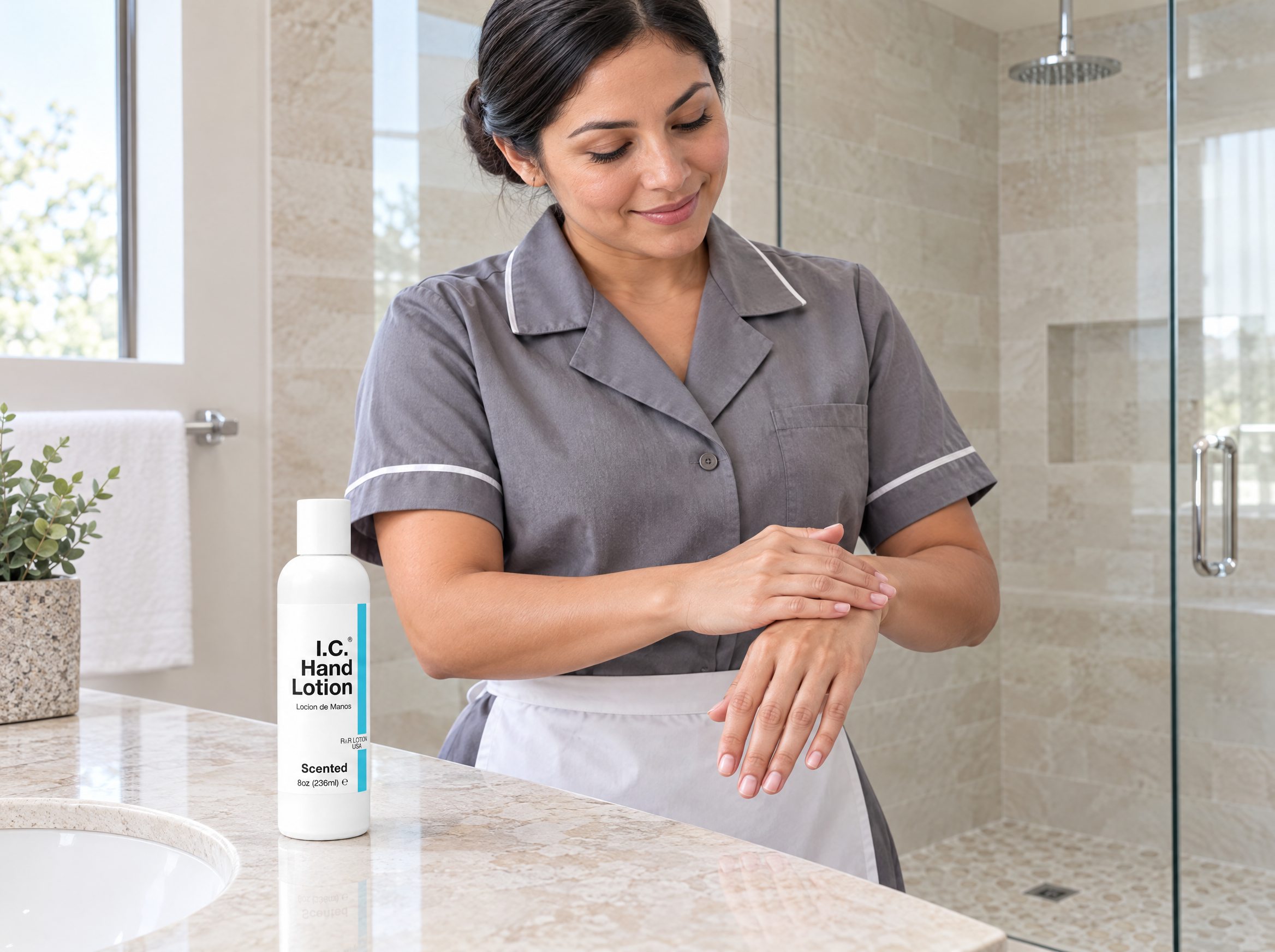 Hospitality worker using R&R Lotion skin care (Guest shower)