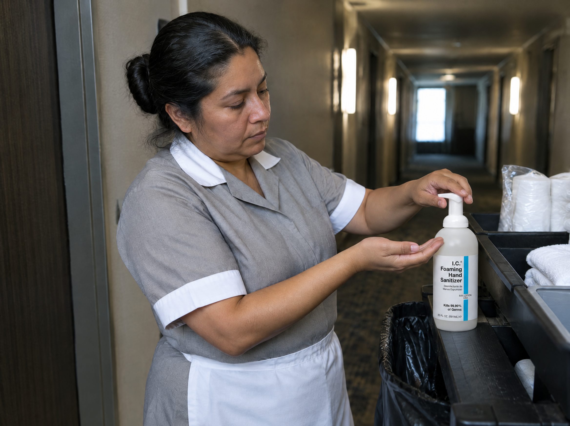 Hospitality worker using R&R Lotion skin care (Housekeeping cart)