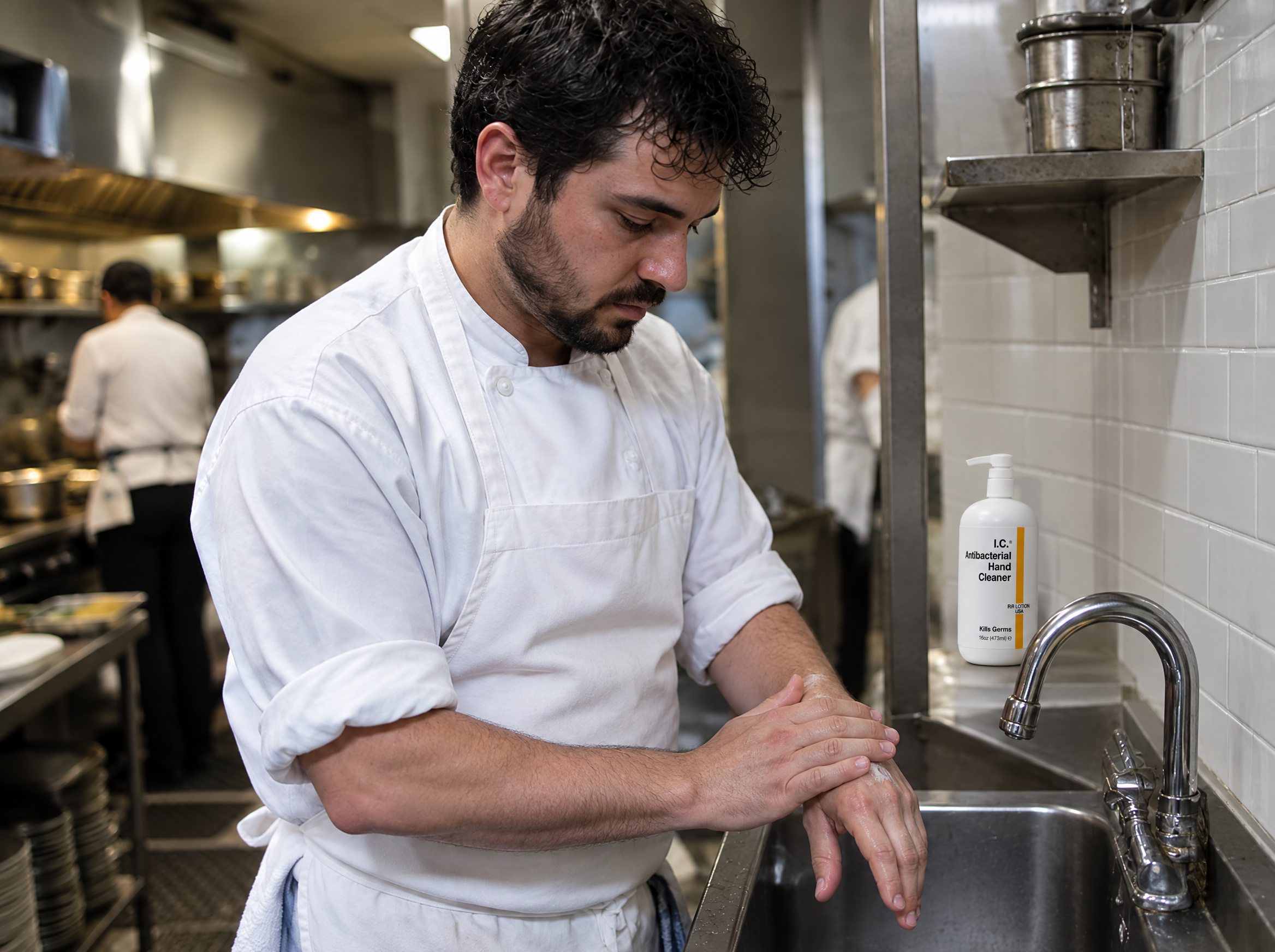 Hospitality worker using R&R Lotion skin care (Kitchen line)