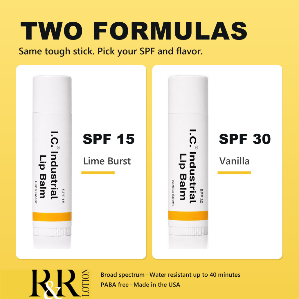 I.C. Industrial Lip Balm two formulas: SPF 15 Lime Burst and SPF 30 Vanilla