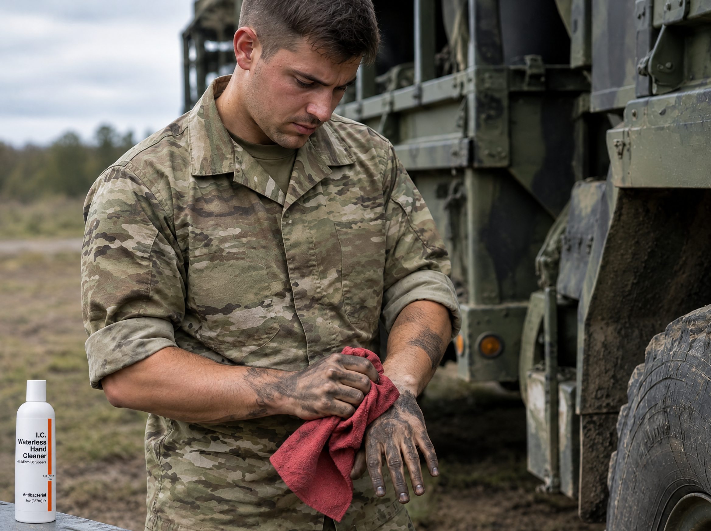 Military & VA worker using R&R Lotion skin care (Field hygiene)