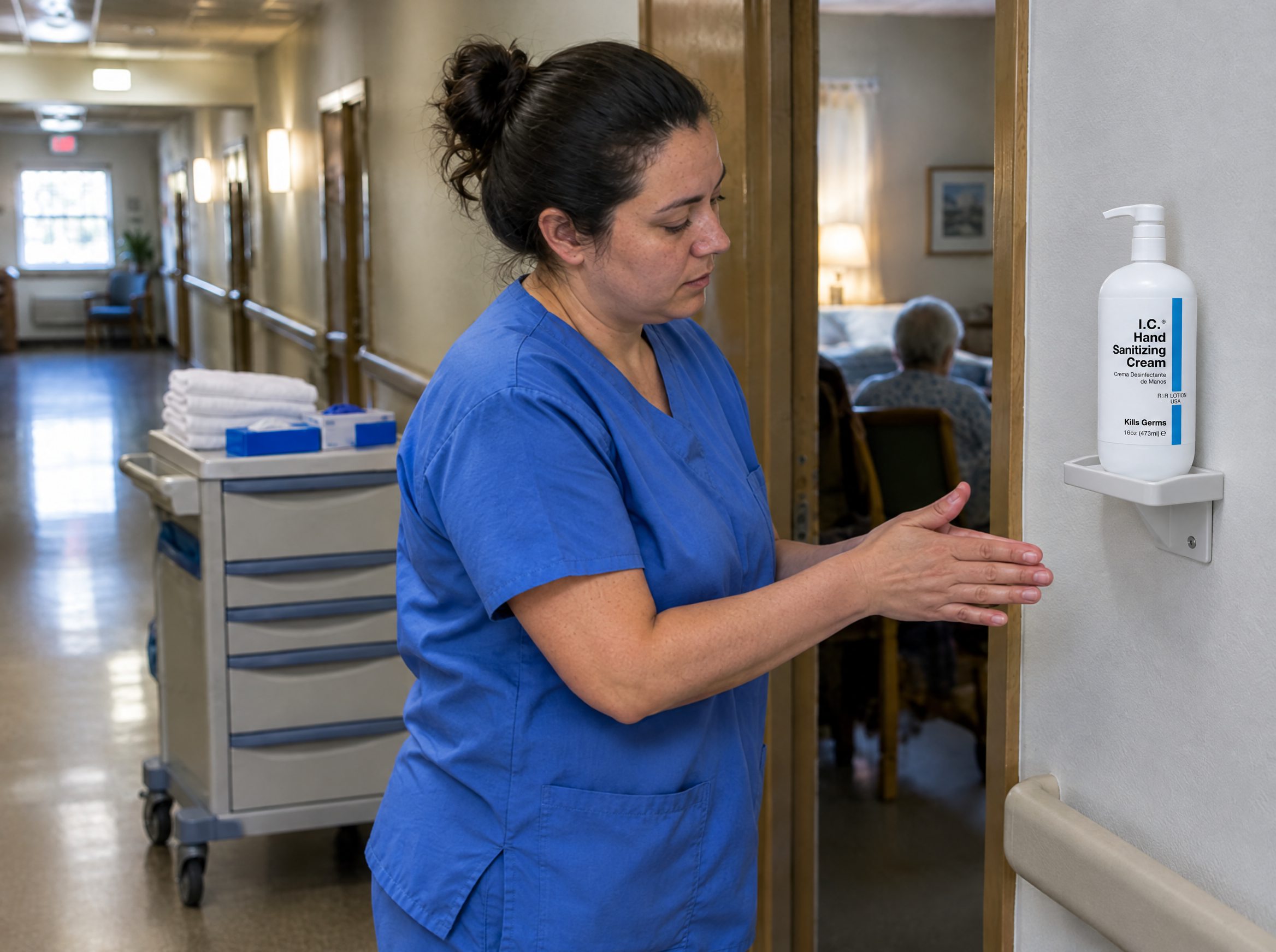 Nursing Homes worker using R&R Lotion skin care (Resident room door)