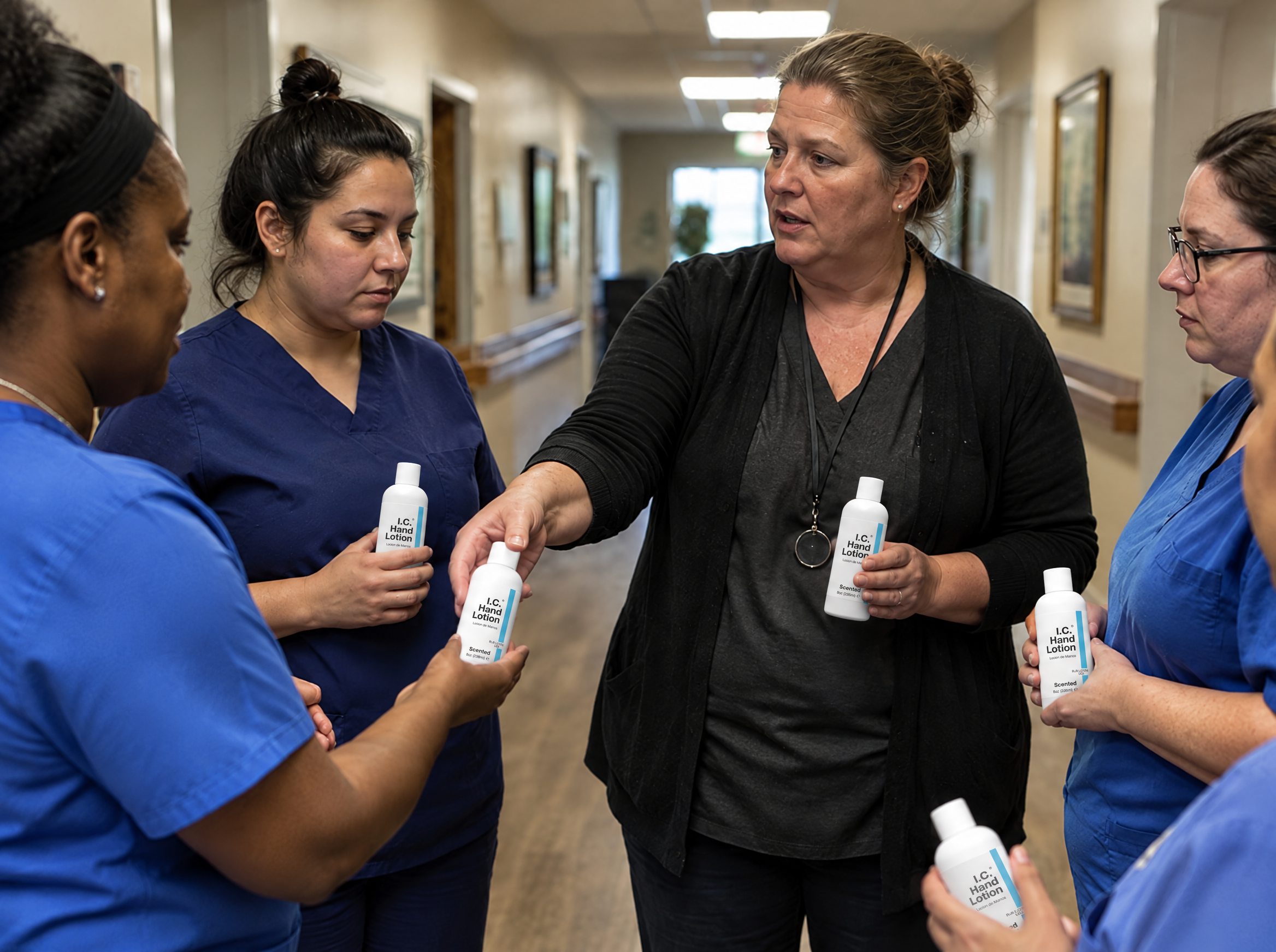 Nursing Homes worker using R&R Lotion skin care (Shift huddle)