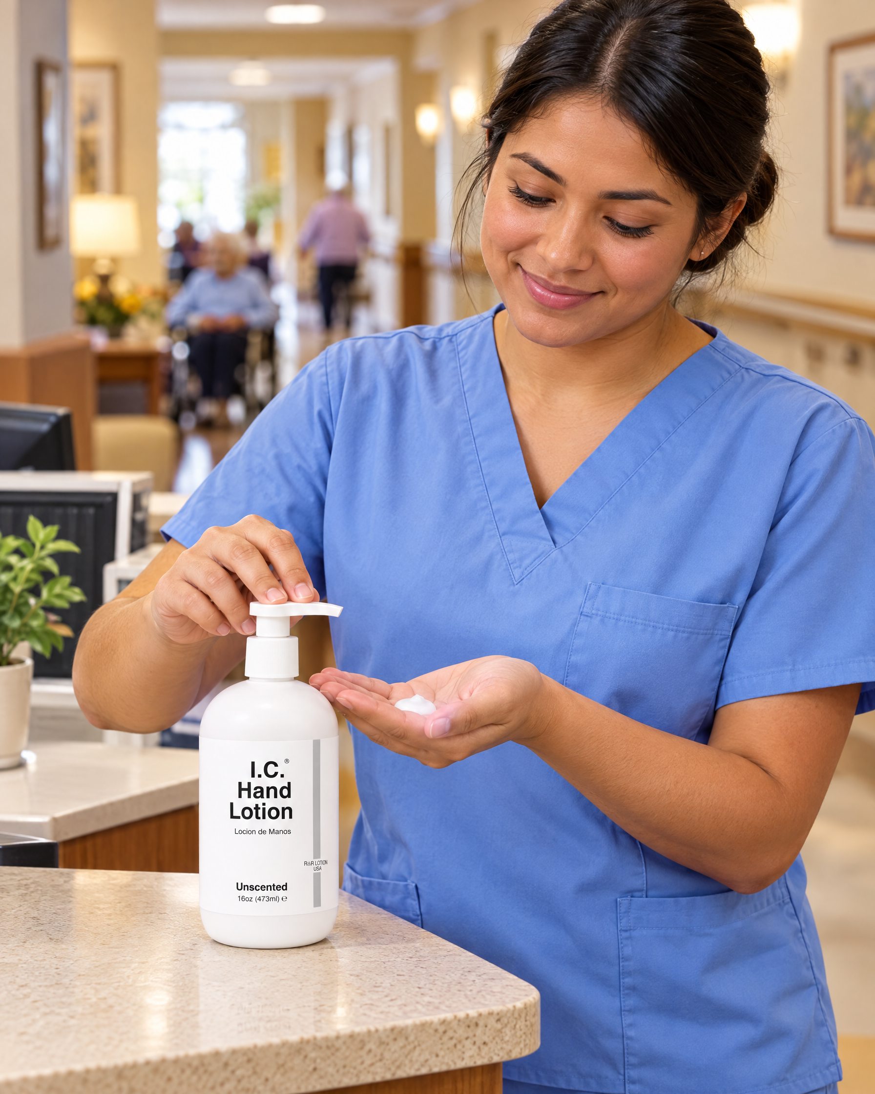 Nursing Homes worker using R&R Lotion skin care (Skilled nursing)