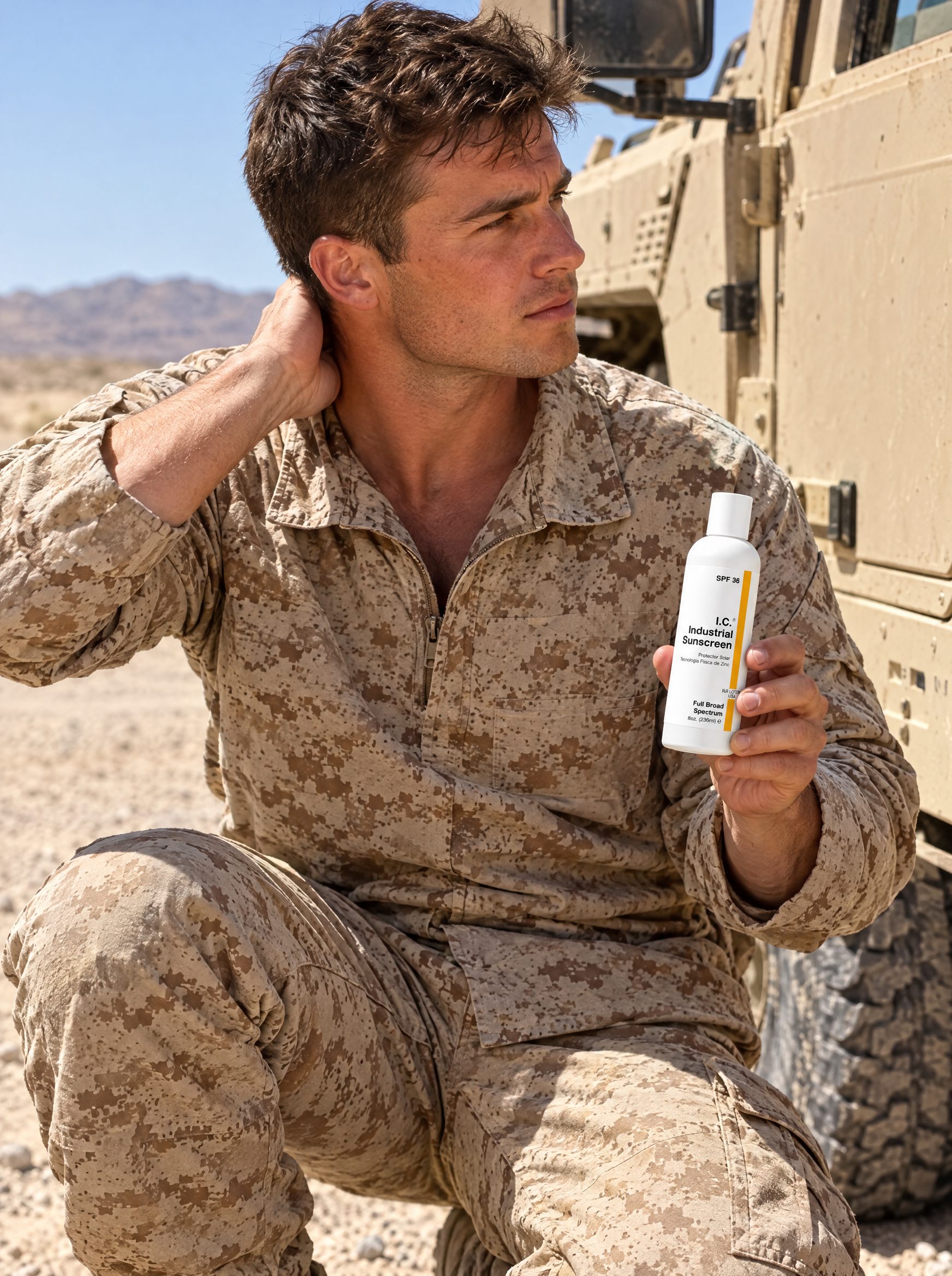 Soldier in desert camouflage holding an R&R Lotion bottle
