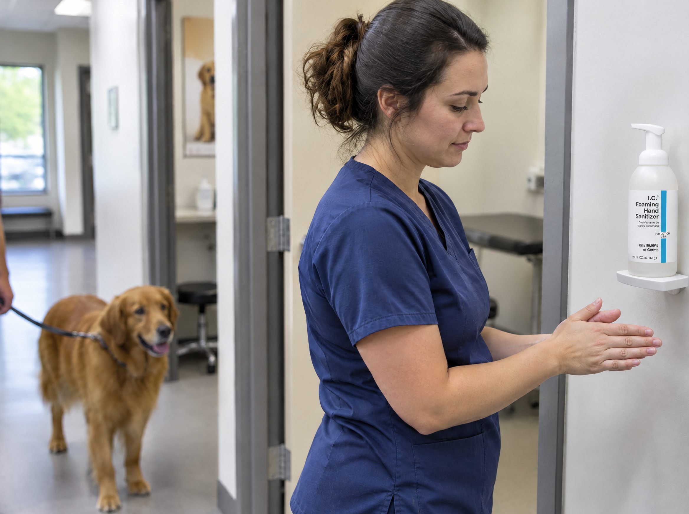 Veterinary worker using R&R Lotion skin care (Between patients)