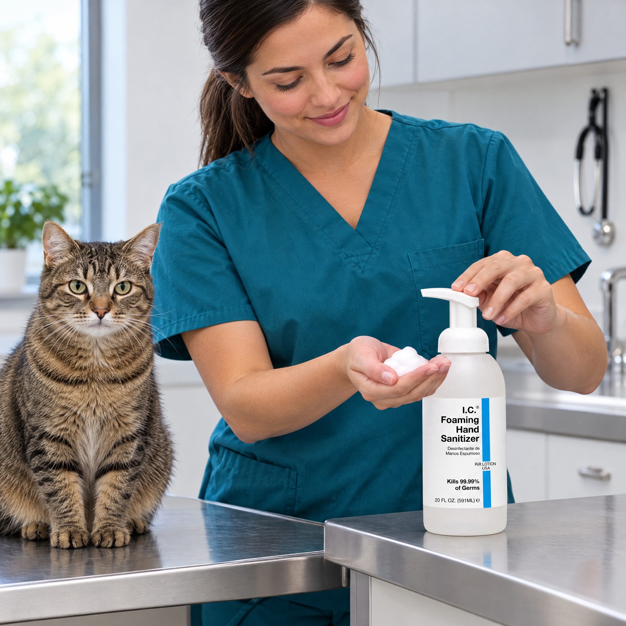 Veterinary worker using R&R Lotion skin care (Exam-room sanitizer)