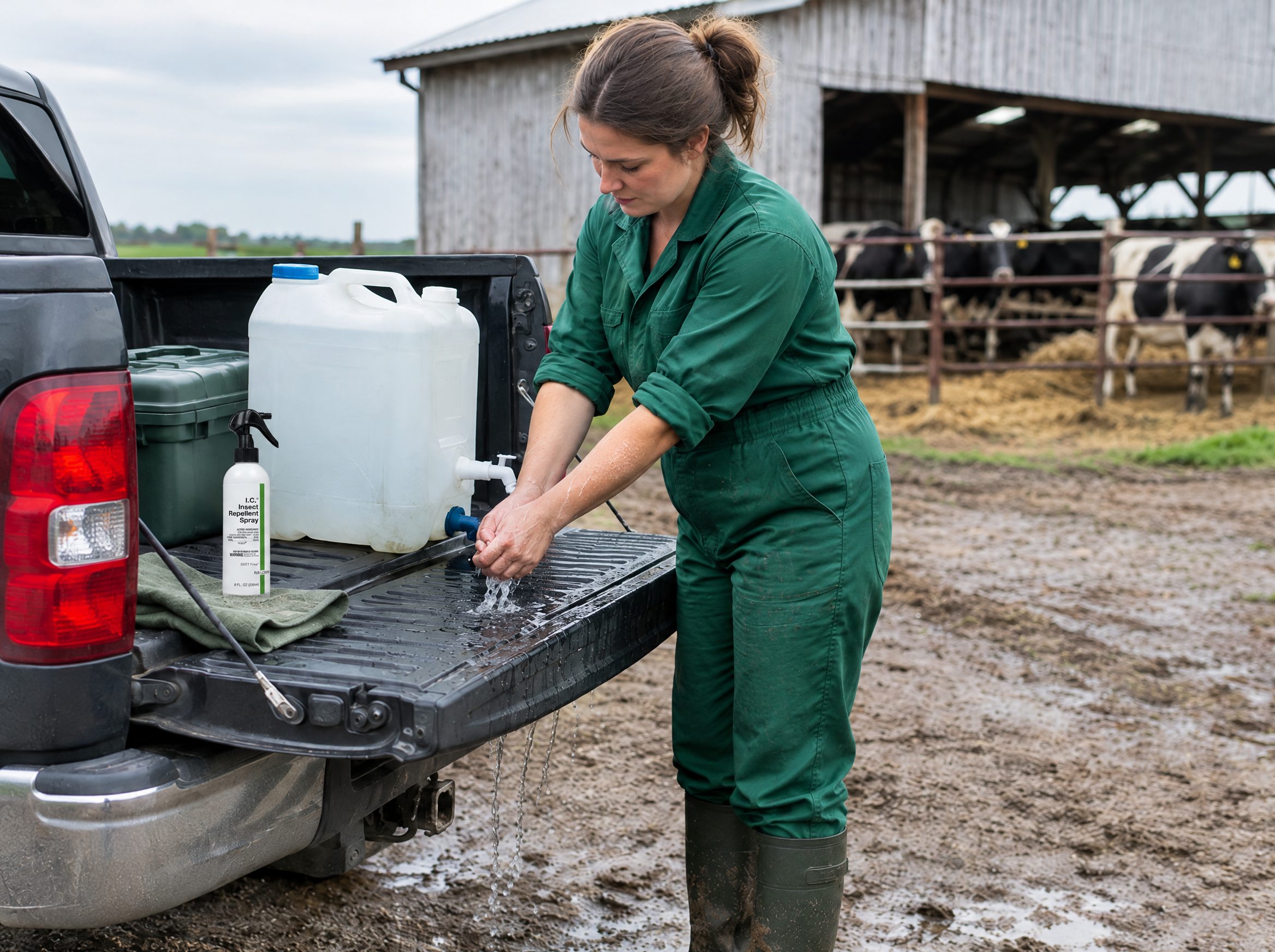 Veterinary worker using R&R Lotion skin care (Farm call)