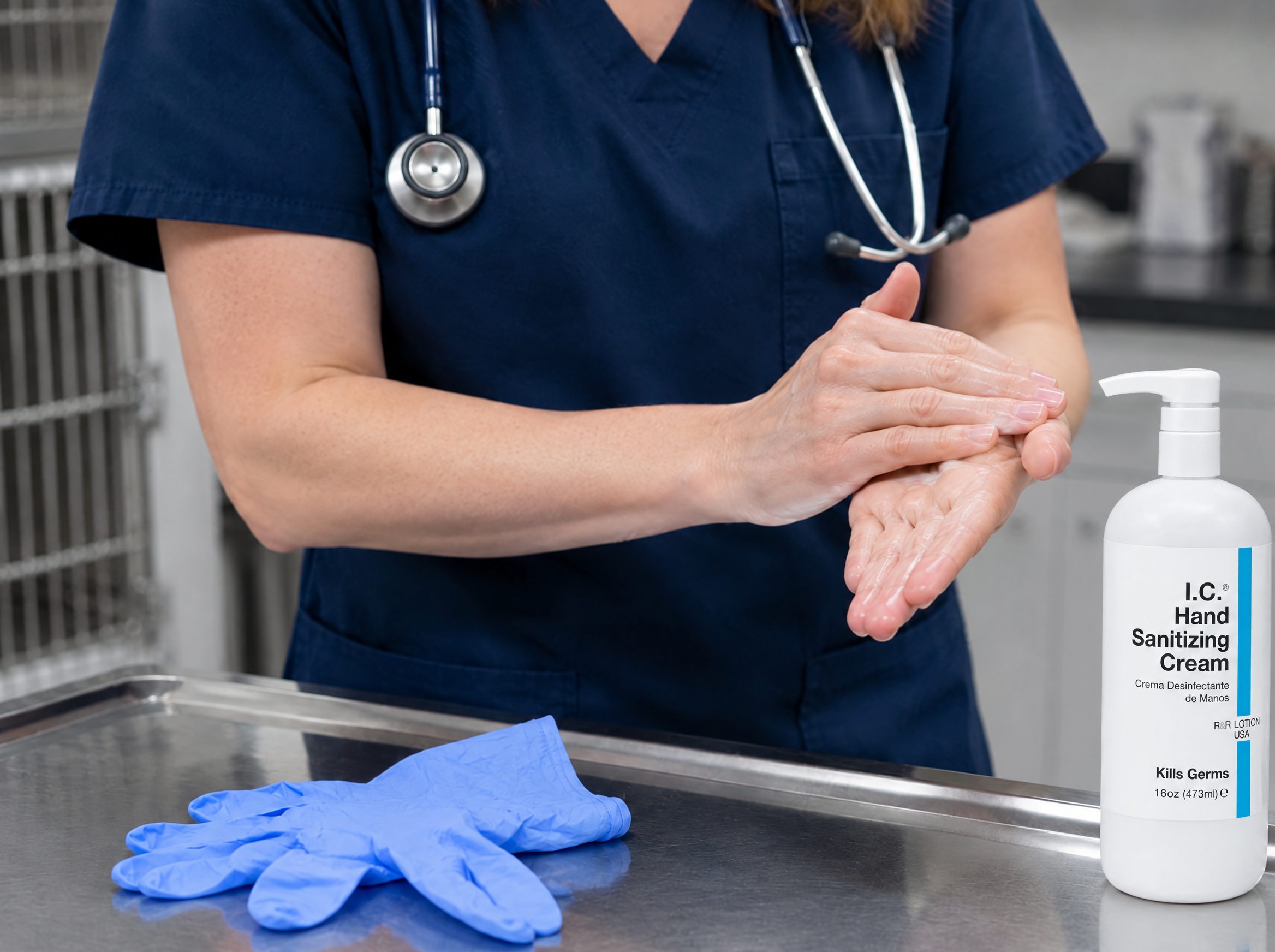 Veterinary worker using R&R Lotion skin care (Gloving off)