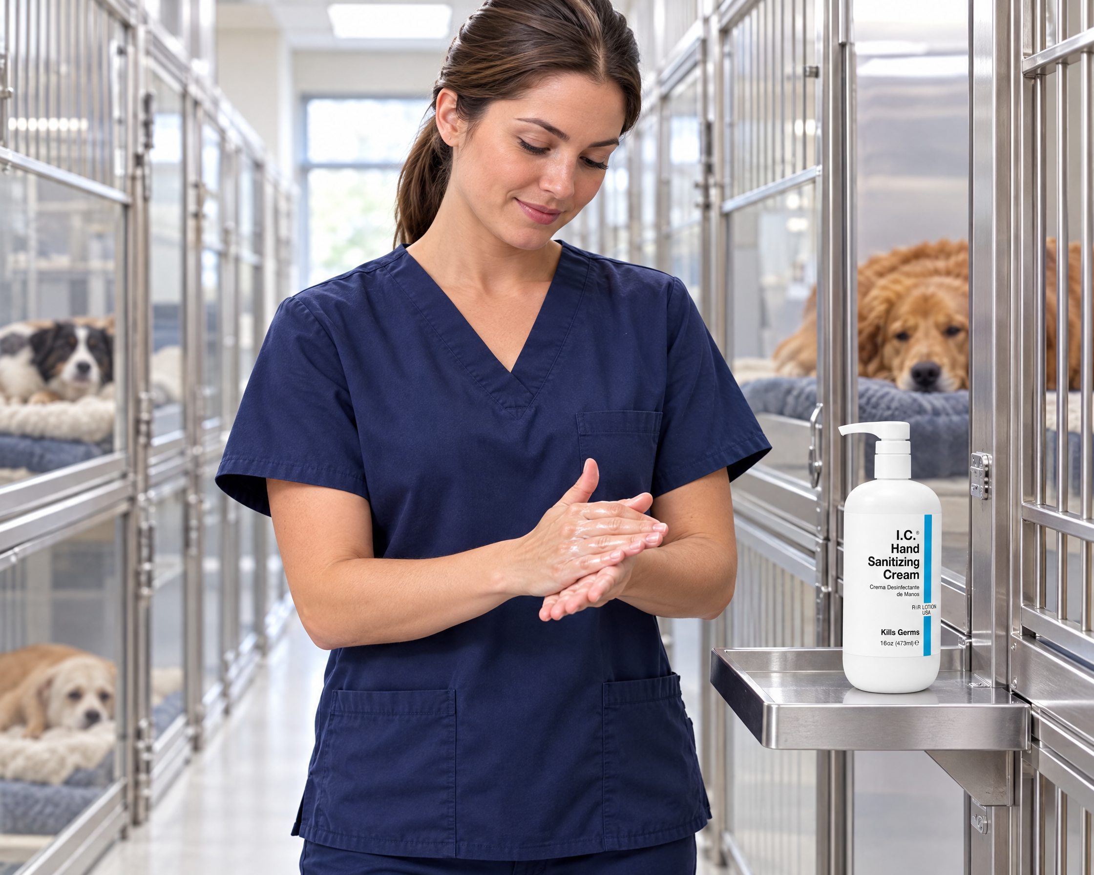Veterinary worker using R&R Lotion skin care (Kennel rounds)