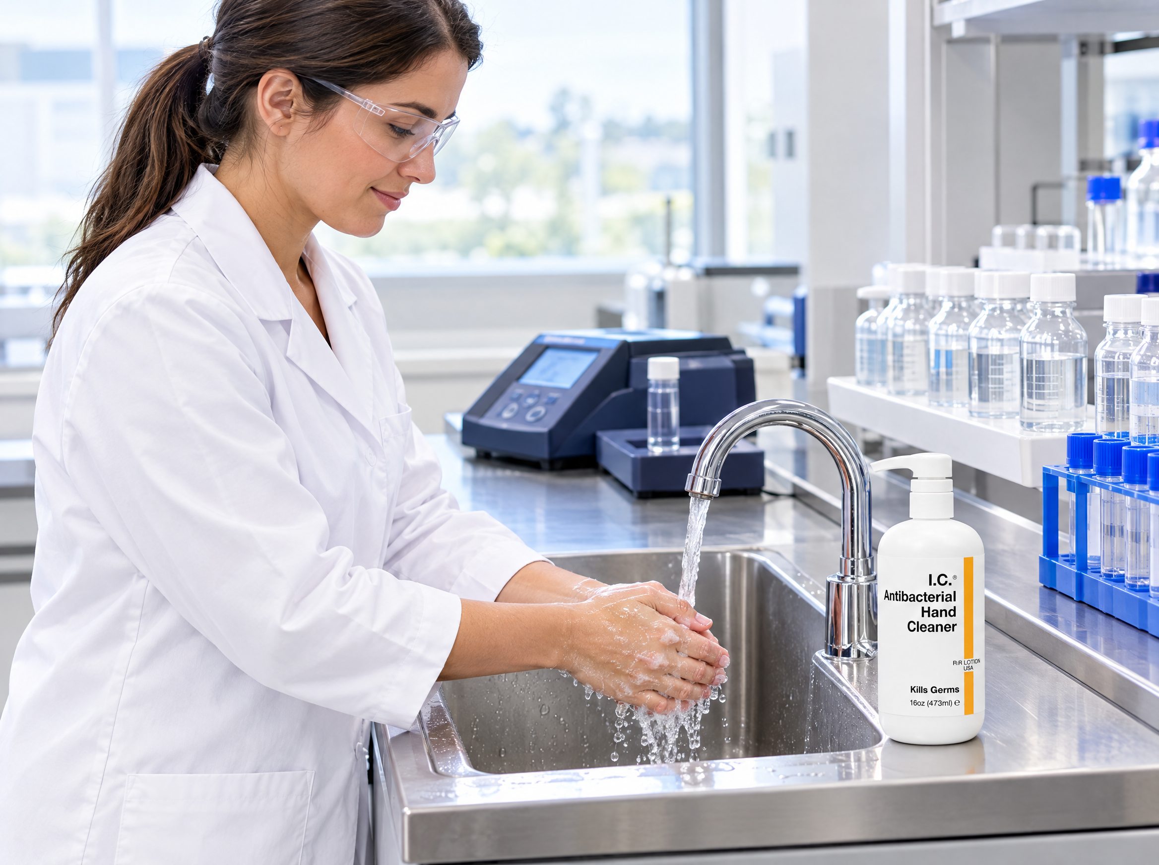 Water Treatment worker using R&R Lotion skin care (Lab bench)