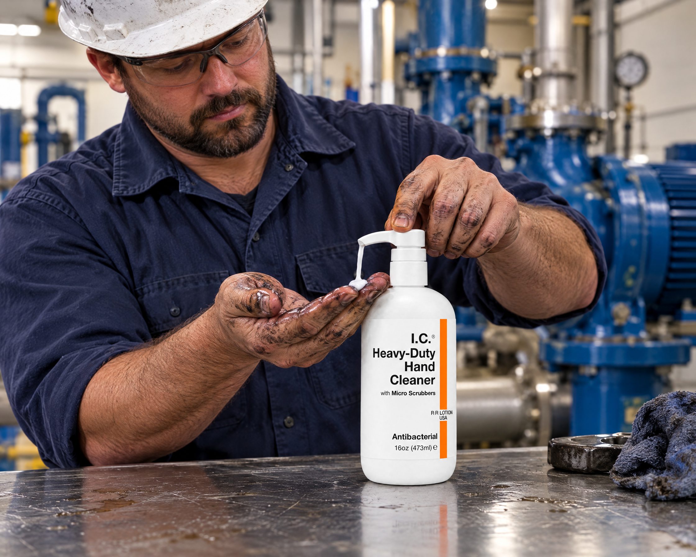 Water Treatment worker using R&R Lotion skin care (Pump room)