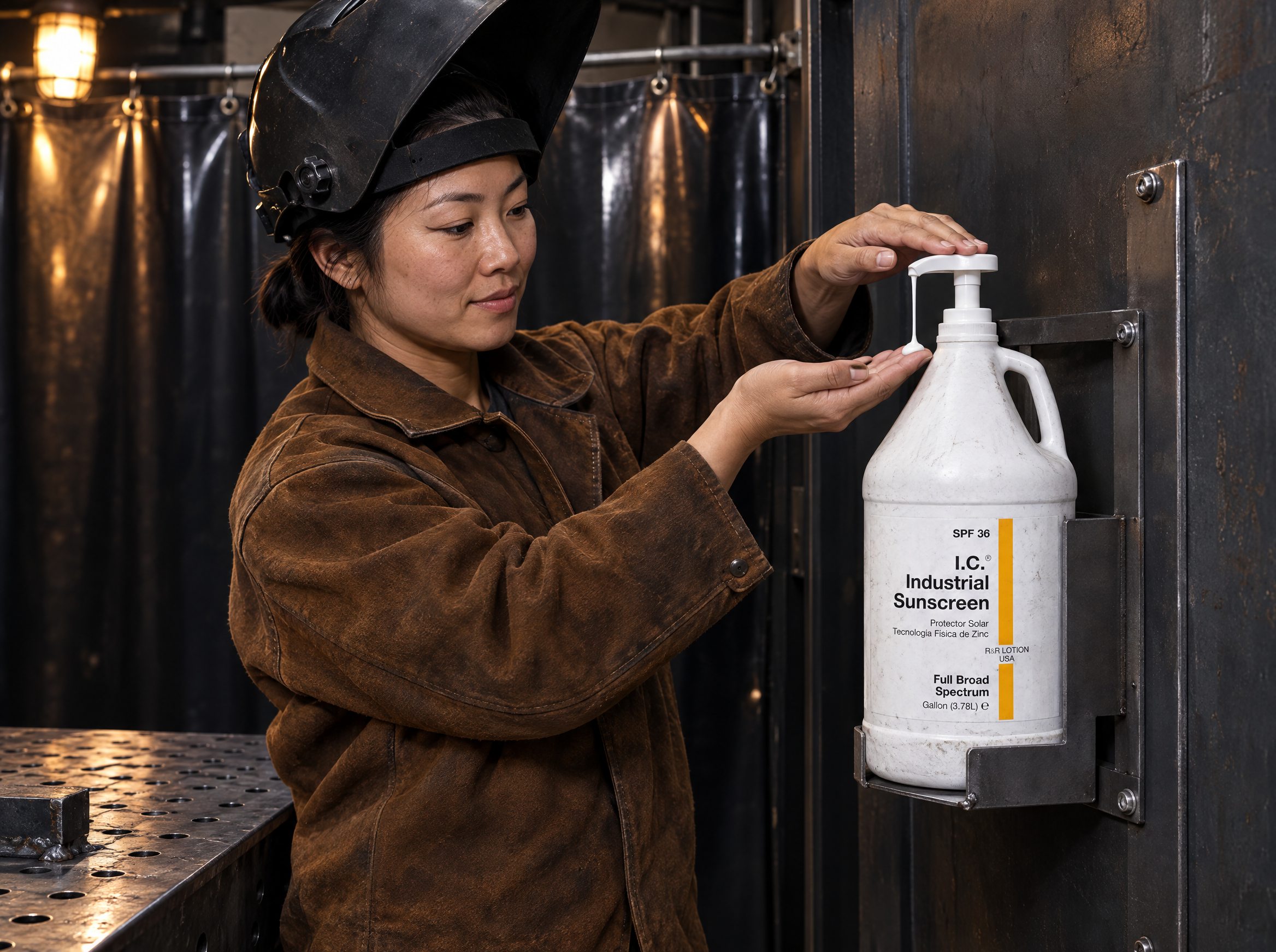 Welders worker using R&R Lotion skin care (Booth pump)