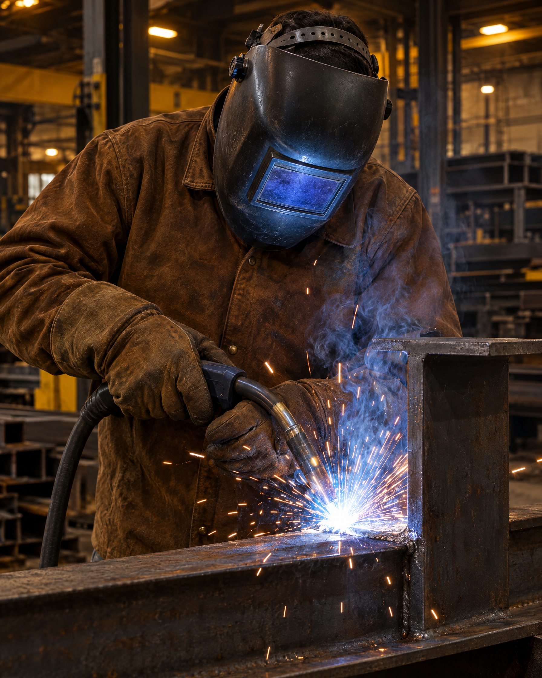 Welder under the hood welding steel, sparks flying in the shop