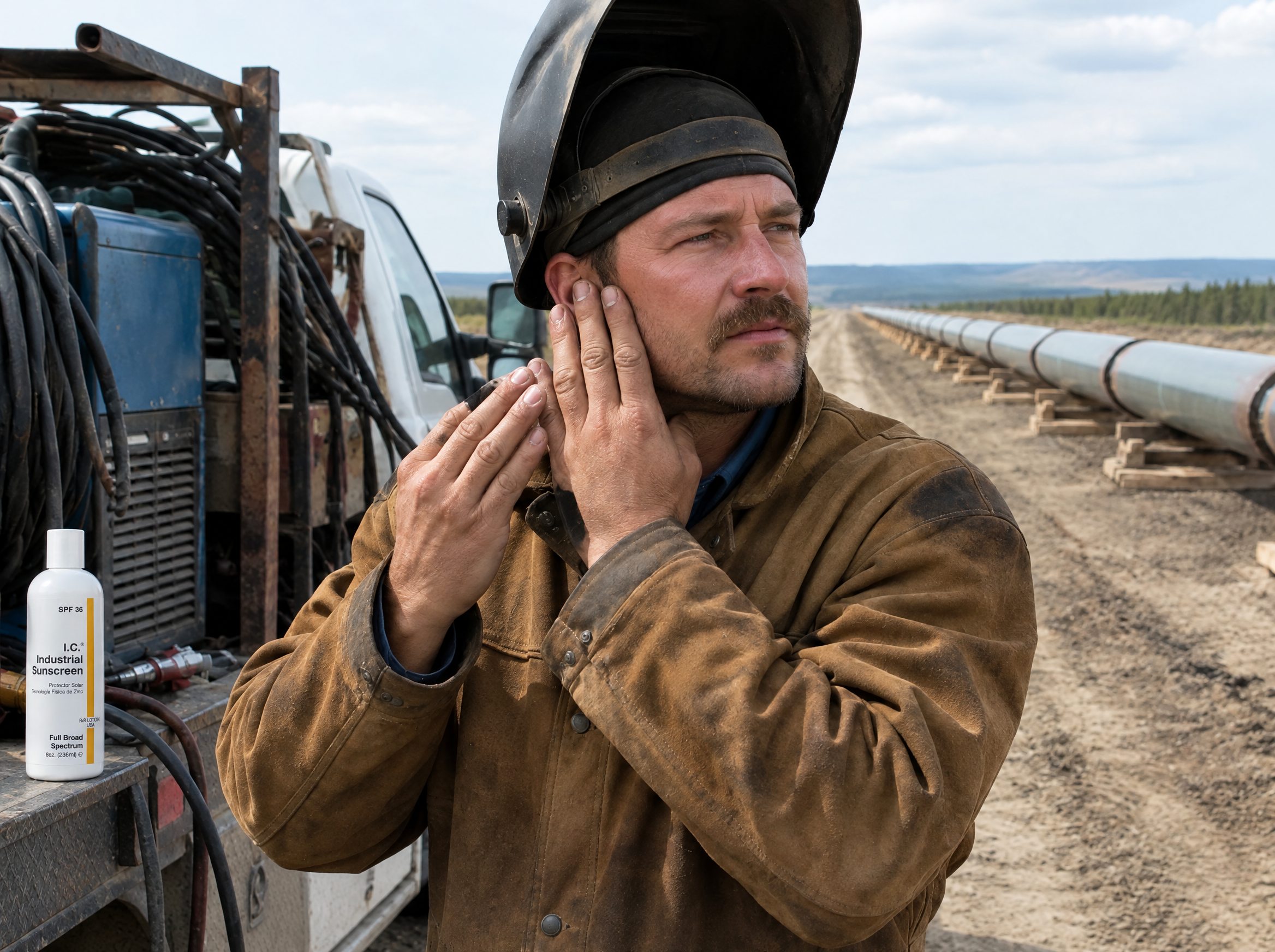 Welders worker using R&R Lotion skin care (Pipeline rig)